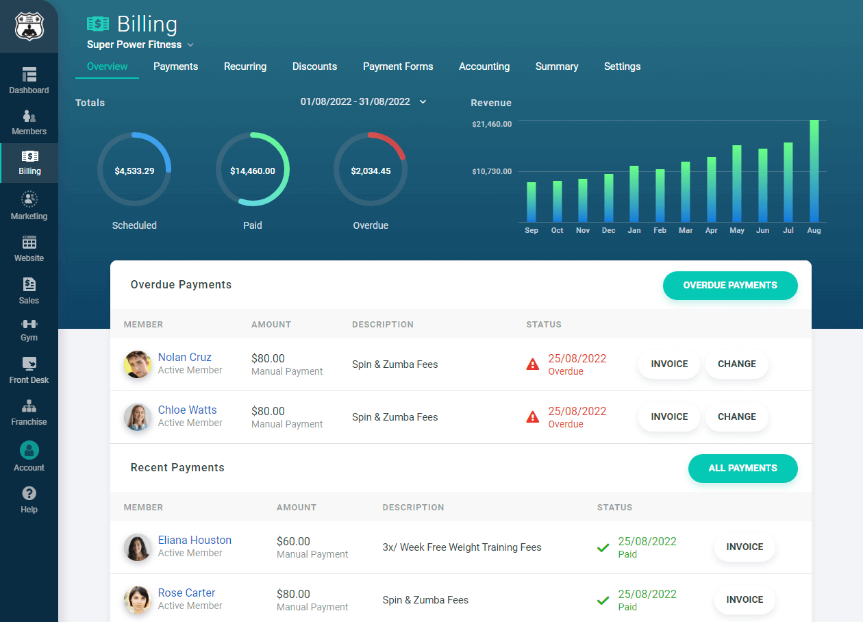 Gym billing and payments